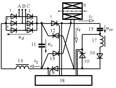 Schéma électrique à la batterie des condensateurs pour alimenter un inducteur dune installations électromagnétique daimantation et de lancement des portions des matériaux ferromagnétiques mouvants