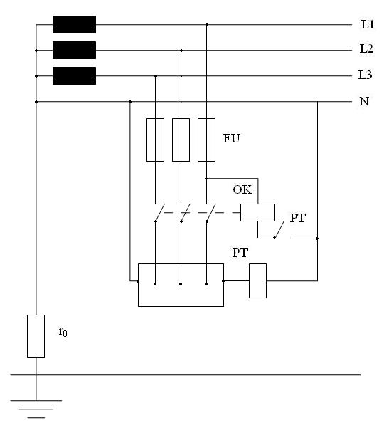 Zeichnung 2 – Prinzipielle Schaltung RCD, das reagiert auf Strom des Einphasen Kurzschlusses. Stromrelais ist eingeschlossen in Durchschnitt des Nullung Begleitpersonals