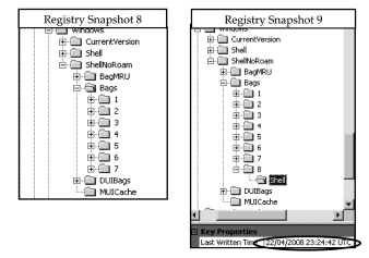 Fig. 10 – Screenshot of ShellBag information within different Registry snapshots via Registry Viewer (AccessData, 2008).