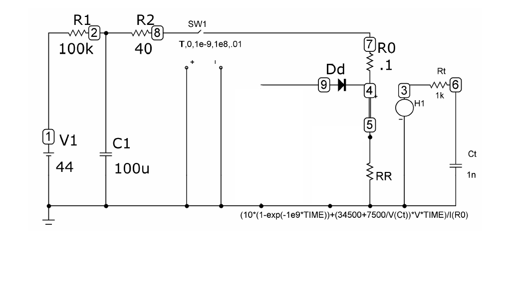 Рисунок 3 - Схема розрахункова для оцінки іскробезпеки ємкісного кола (Анімація: об'єм - 104 кВ; кількість кадрів - 5; затримка між кадрами - 100 мс; кількість циклів повторення - 6)