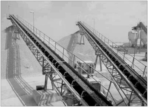 A typical belt conveyor structure used for in-factory transport