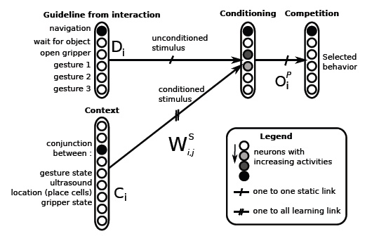 Figure 2 – Model of the neural network for action selection. A context is the conjunction of all the categorized sensory inputs. The guidelines are determined using some sensory inputs such as joystick actions, or sensors on the gripper (for grasp or release guidelines). A classical conditioning enables to associate a selected behavior with a sensory context.