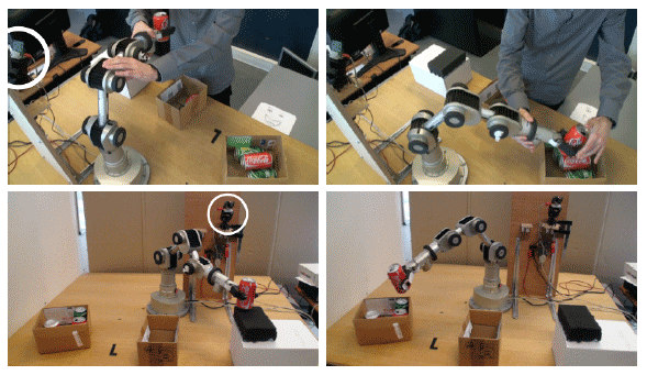 Figure 3 – Pick-and-place task learned and adapted through passive manipulation. Example of demonstration for the red-can-in-box-2 condition and reproduction by the robot. The camera looks at the pick-up place to recognize the type of object by color detection (red or green).