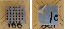 Fig
2. a) MEA for the extended gate-FET approach. Chip dimension is 1cm x
1cm. And diameter of the taxels is 500μm (b) Back and front sides
of MEA with 100 μm polymer covering all the electrodes. A general
purpose protecting tape can also be seen. (Dahiya, Valle et al. July,
2007)