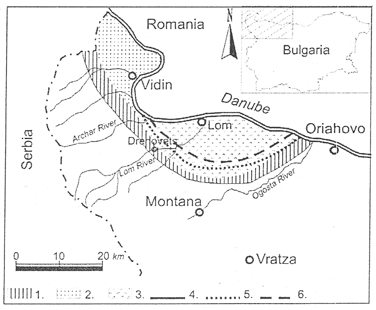 Fig. 1. Geological map of NW Bulgaria during the Pliocene [redrawn after Popov and Kojumdgieva (1966), with corrections]. (1) Marginal (littoral) zone. (2) Inner zone. (3) Vidin high. (4) Boundary of basin during the Pontian (latest Miocene-earliest Pliocene). (5) Boundary of basin during early Pliocene. (6) Boundary of basin during late Pliocene.