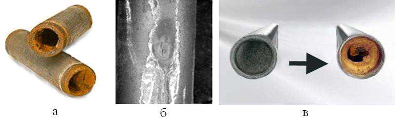 Figure 1 - Types of pipes degradation in the primary gas cooler:<br>a - chemical corrosion, b  an arising; c  scale