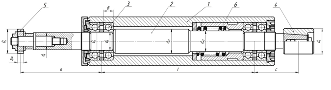 The circuit design of electrically operated spindle node wheelhead machine model 3227: 1 - housing electrically operated spindle node, 2 - spindle shaft, 3 - bearings, 4 - driven pulley, 5 - arbor with a grinding wheel, 6 - spacer