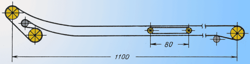 Схема ленточного конвейера с промежуточным фрикционным приводом ленточного типа