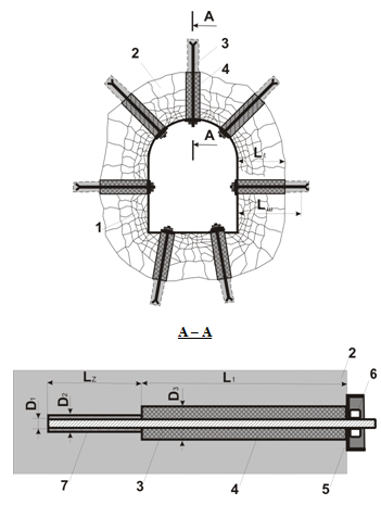 The process of anchoring generation: 1 - preparatory development; 2 - rock mass; 3 - anchor; 4 - thermally conductive filler hole; 5 - support shaft; 6 - nut; 7 - fast setting; D1, D2, D3 - diameters, respectively, of the anchor hole in the joint portion of the hole in the heat-conducting portion; lsh, lz, lt - length, respectively, of the hole, locking and heat-conducting parts of the hole.