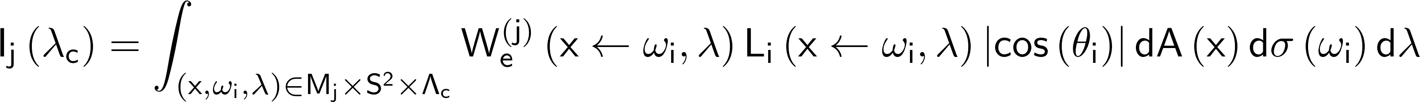 I_{j}\left(\lambda_{c} \right ) = \int_{\left ( x, \omega_{i}, \lambda \right ) \in M_{j} \times S^{2} \times \Lambda_{c} } W_{e}^{\left( j \right )}\left( x \leftarrow \omega_{i}, \lambda \right)L_{i}\left( x \leftarrow \omega_{i}, \lambda \right)\left | cos\left(\theta_{i}\right ) \right | dA\left( x\right) d\sigma\left(\omega_{i}\right )d\lambda