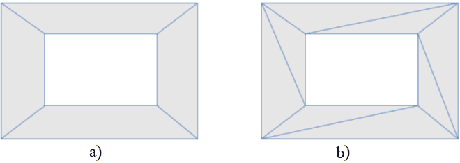 Navigation mesh (a) and it triangulation (b). Shaded polygons correspond to walkable areas