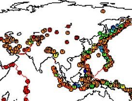 Figure 1 - The USGS mapped representation of inter and intra  plate earthquakes, the coloured dots on the middle of the continent are intraplate events