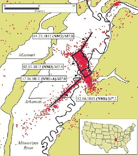 Figure 2 - Illustrating the extent of microseismicity between two ancient fault planes encompassing the New Madrid area. It is the reactivation of these planes which have been used as the primary explanation for the New Madrid example  but exactly what has lead to their reactivation is still as source of heated on-going debate