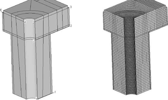 The geometric model (a) and the finite element model (b) of the stack-on-batcher (1, 2, 3, 4 characteristic cross-sections)
