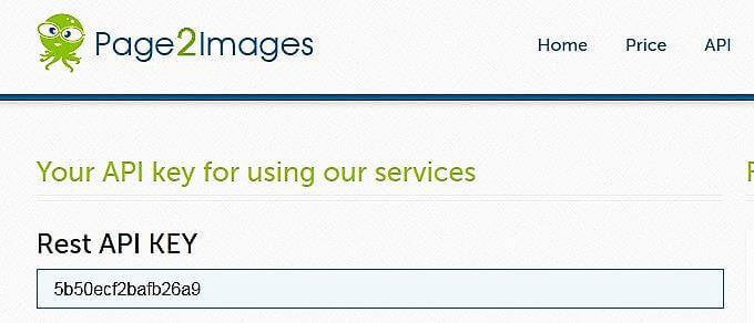 Ключ для идентификации клиента API веб-сервиса Page2Images