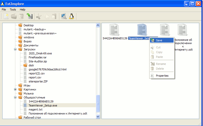 Ext2explore program window
