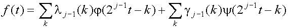 f(t)=sum over k{lambda sub(j-1)(k)phi(2sup(j-1)t-k)} +
 sum over k{gamma sub(j-1)(k)psi(2sup(j-1)t-k)}