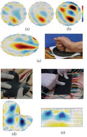 Fig. 7. Pressure distributions: (a) 1kg(left) and 2kg(right)loads, (b) multiple
load points and (c) regional contact, (d) custom shape and (e) asymmetric
electrode layout.