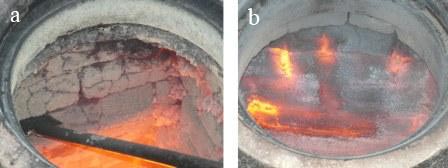 The appearance of chamotte lining of industrial furnaces to (a) and after (b) the method of ceramic welding repair