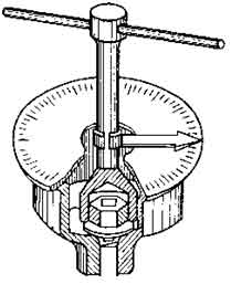 Key for inhaling of connections, nut controlled on the corner of turn