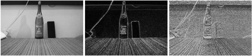 Grayscale intensity (a), gradient magnitude (b) and the gradient orientation (c)