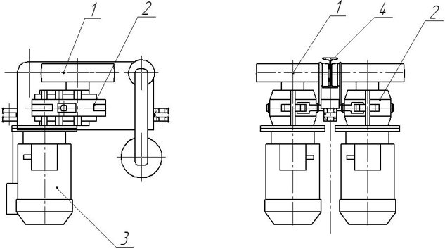 The construction scheme of the traction device monorail locomotive 1 - traction wheels; 2 - reducer; 3 - electric motor; 4 - a monorail