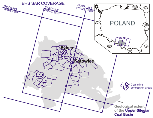 Location Map of the Polish part of Upper Silesian Coal Basin (USCB) and ERS SAR coverage