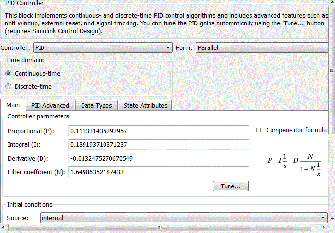 Coefficients of PID-controller block