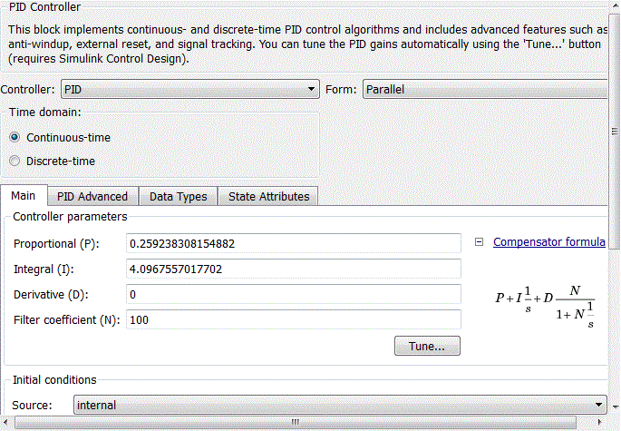 Coefficients of PID-controller block