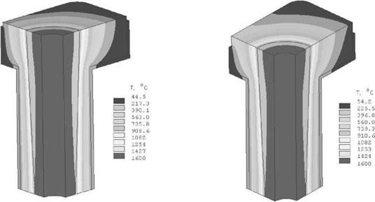 . Patterns of distribution of temperature fields in a glass-batcher:a) option number 1; b) option number 2