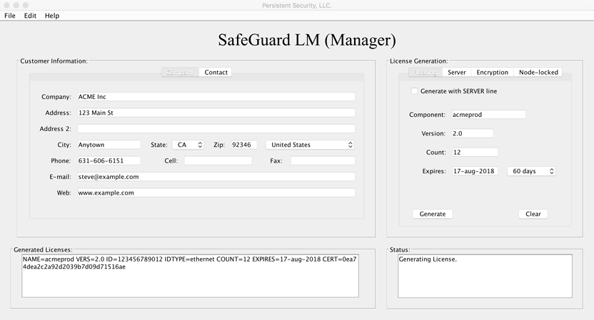Окно инструмента управления лицензиями SafeGuard LM Manager