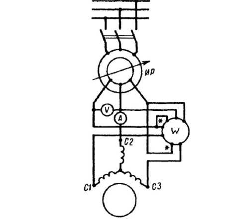 Scheme of switching on a three-phase asynchronous motor in the experiments of H. H. and K. Z..