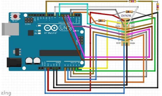 Схема подключения модуля камеры OV7670 к плате Arduino Uno