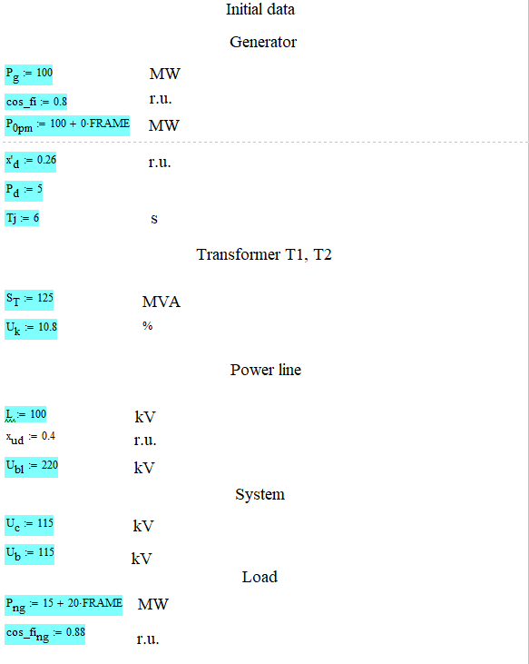 Source data in the program <i>Mathcad</i>