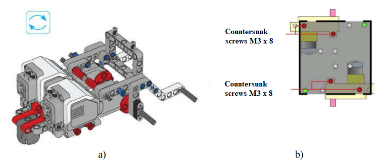 Description of the steps for assembling a robot cart from Lego (a) and Arduino (b)