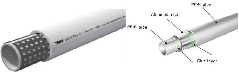 PP-R polypropylene pipes reinforced with perforated aluminum foil (left) and a solid layer (right)