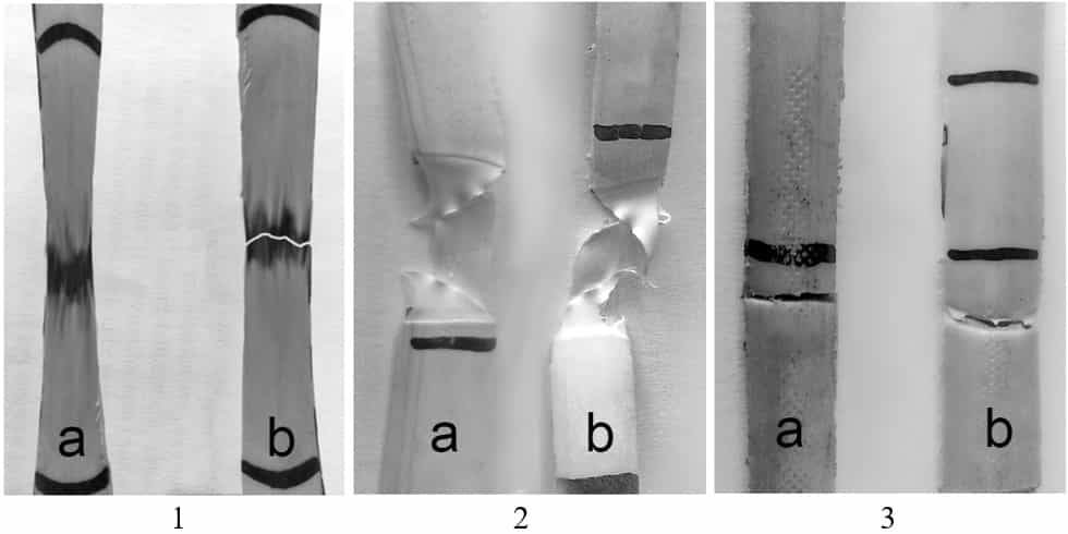 Samples of polypropylene pipes after tensile tests