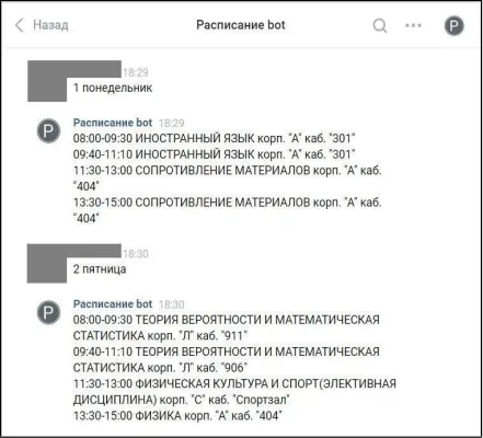 Интерфейс общения с ботом (вывод сообщения о расписании)
