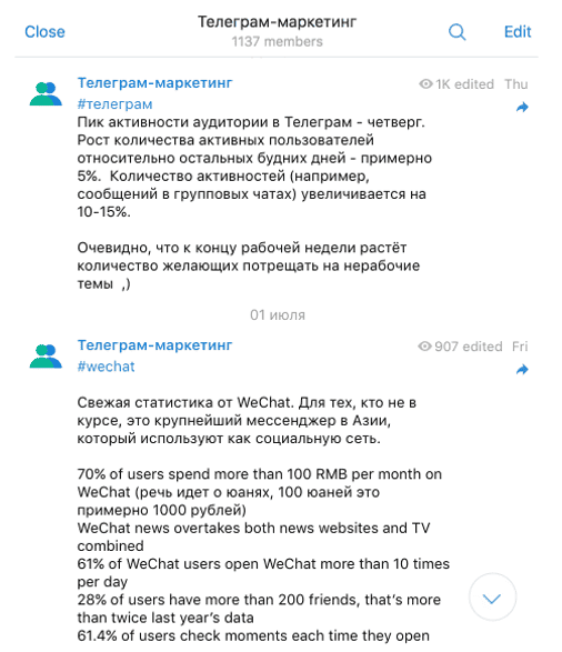 Внешний вид информационной ленты канала в Telegram